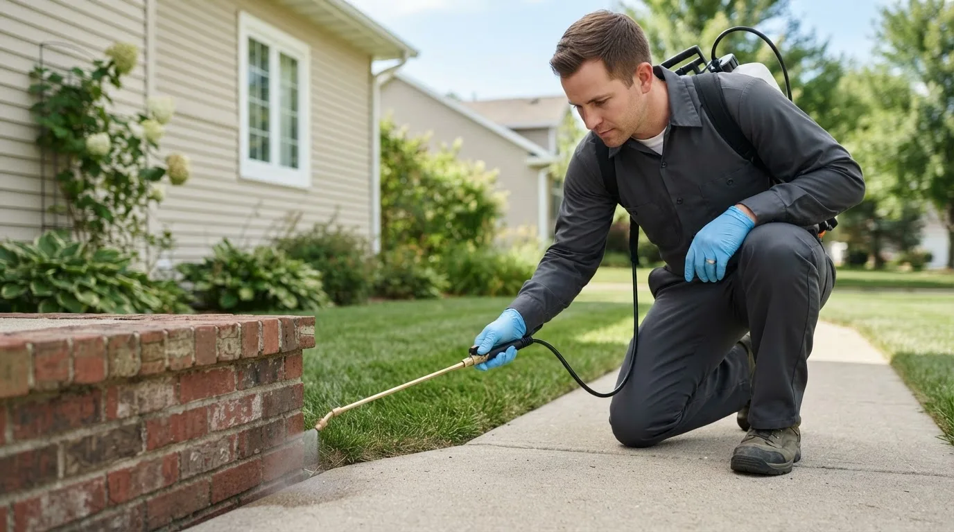 Pest control technician treating a home near Rockwell City, IA