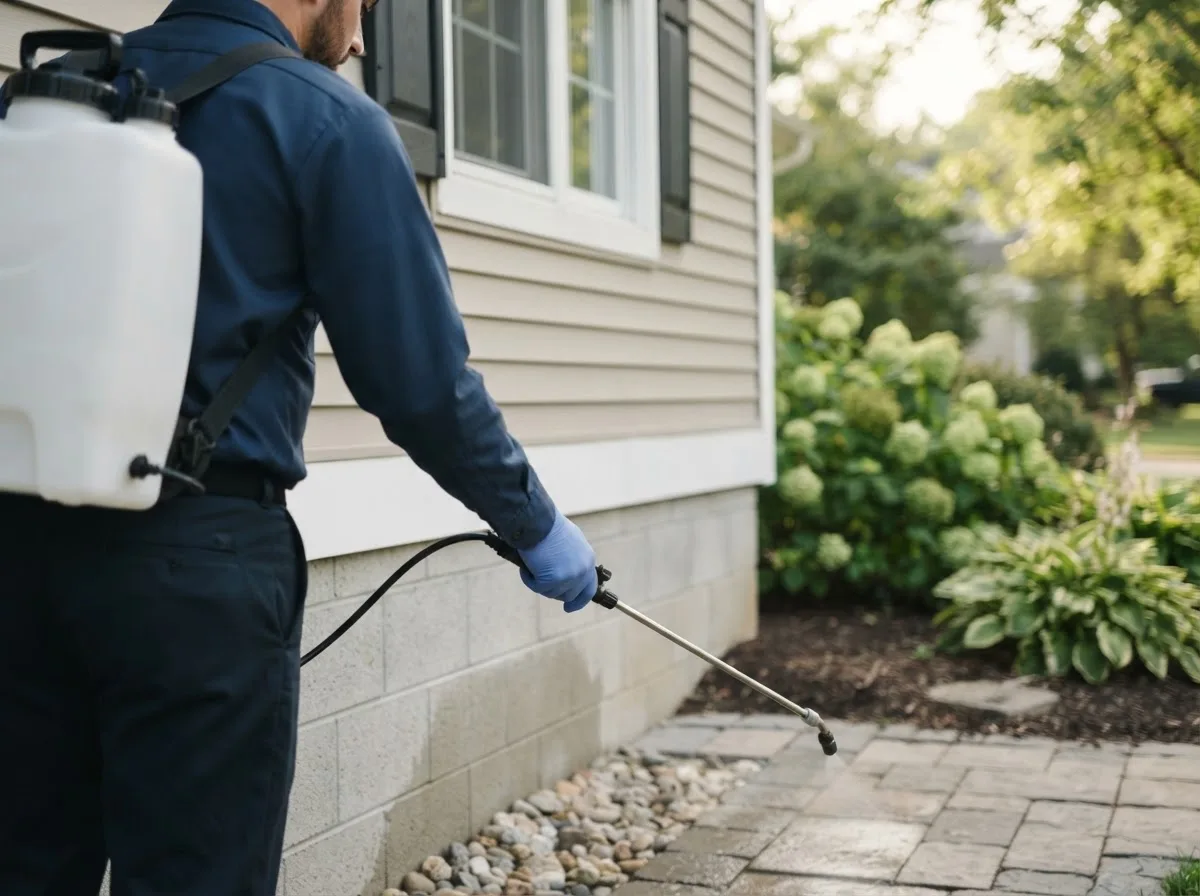 Pest control technician inspecting a home in Rockwell City, IA
